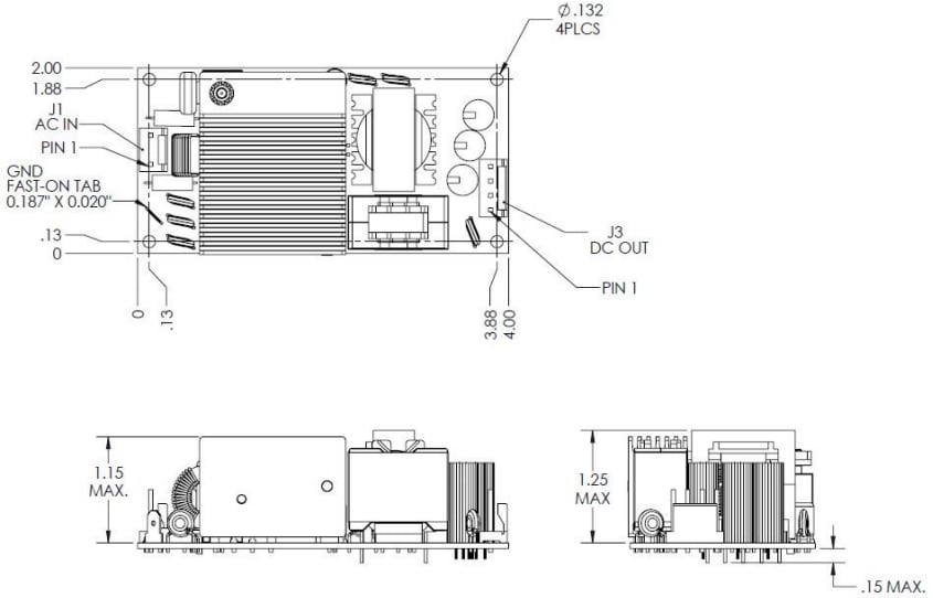 Mechanical Drawing - Advanced Energy / SL Power MB120S 120W Medical Series Power Supplies